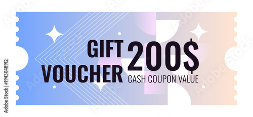 $200 gift voucher with a geometric design. Abstract gradient coupon template for promotions, sales, and campaigns