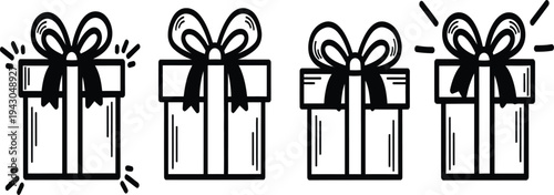 A set of four gift boxes with ribbons and bows on a white background