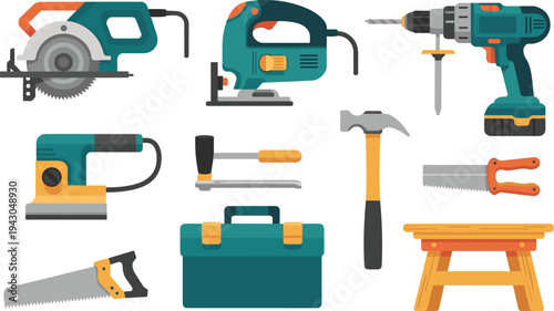 Construction and carpentry tools collection with drill circular saw jigsaw hammer toolbox and workbench professional handyman equipment vector illustration set