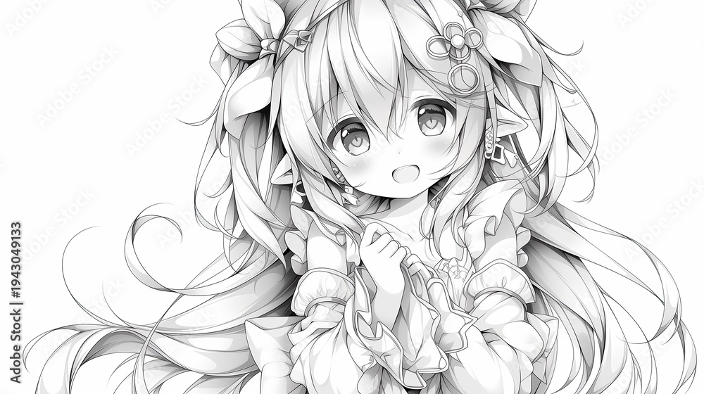 Fototapeta premium Charming Anime Girl with Flowing Hair and Cute Expression, Black and White Line Art