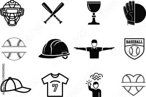 Collection of various baseball equipment and symbols on white background