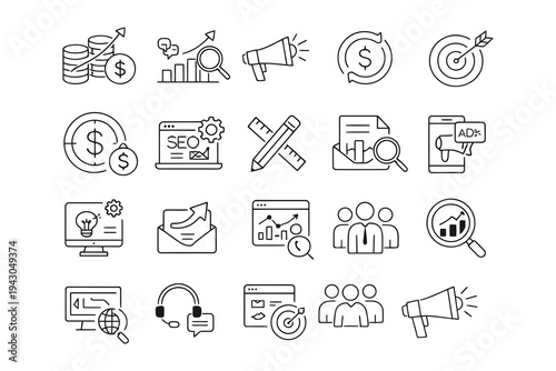 Collection of icons representing digital marketing and analytics concepts