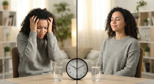 Woman suffering headache and stress finds relief through meditation.