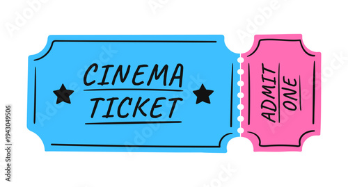 Cinema ticket in hand drawn style. Vector illustration isolated on white background