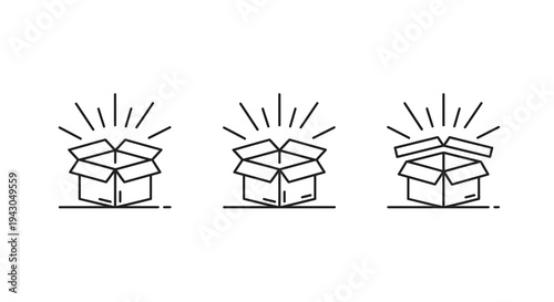 Open Boxes Vector Illustrations Set, Minimalist Line Art Style, Concept of Delivery, Shipping, Surprise, and Unboxing for E-commerce and Logistics Graphics