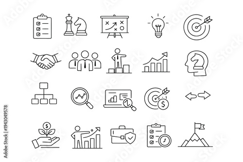 Collection of diverse business and strategy-related icons in a sketch style