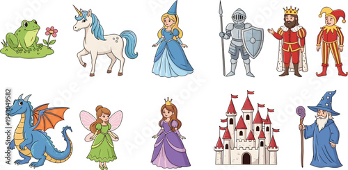 Fairy tale fantasy character set, princess knight king wizard dragon unicorn castle cartoon medieval magic story flat vector illustration