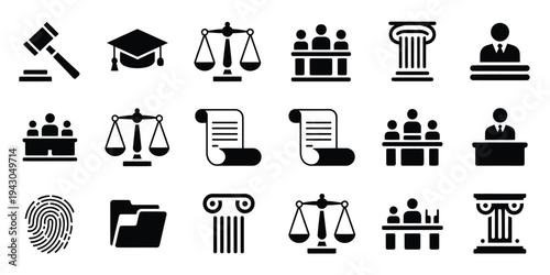 Prison bars silhouette vector icons, black on white background, including jail, law enforcement, incarceration, criminal justice, and correctional facility symbols for digital and educational design 