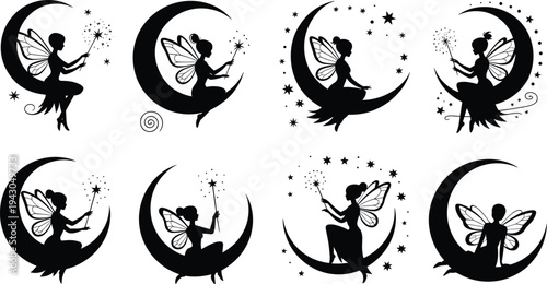 Vector illustration of fairies sitting on crescent moons with wands and sparkles, magical silhouettes representing fantasy, enchantment, and celestial design