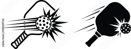 pickleball rackets hitting balls with motion lines and explosion effects