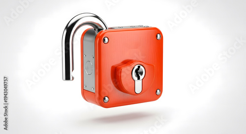 Orange padlock unlocked with chrome shackle on white background