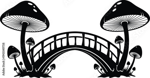 Fantasy mushroom bridge silhouette illustration, magical forest fungi landscape with curved wooden bridge, whimsical nature fairytale vector design