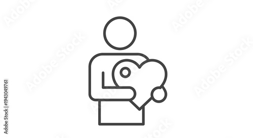 Person Holding Heart Icon Vector Illustration, Symbol of Love and Care, Simple Line Art Graphic for Health and Charity Concepts