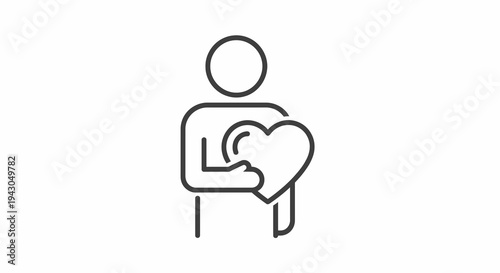 Person holding heart icon, line art, symbol of love and care, isolated on white background, graphic resource for health and wellness concepts