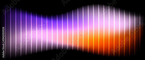Glass ripple texture with dark gradient background and vivid purple, orange, and lilac light streaks. ripple pattern, Futuristic distortion, abstract glow, reeded vertical blur Vector illustration