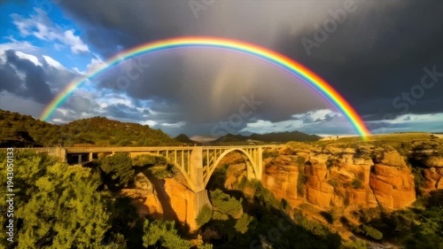 A vibrant rainbow arcs over a bridge crossing a gorge beneath a dramatic, stormy sky