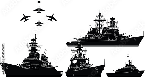 Military naval warships and fighter jets silhouette set featuring battleships, destroyers and combat aircraft formation isolated for navy defense and warfare design
