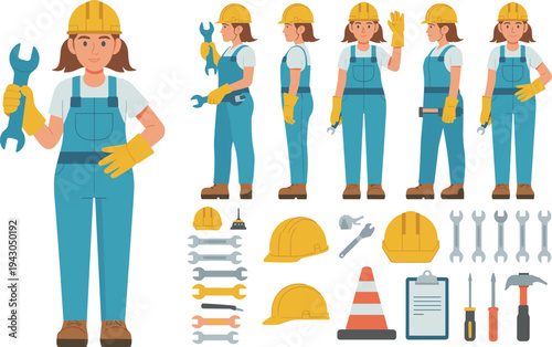 Female construction worker character set with tools, helmet and safety gloves, mechanic engineer poses with wrench for industrial and repair work illustration