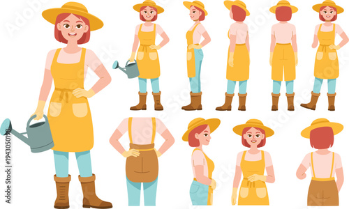 Female gardener character set holding a watering can, smiling woman in hat and apron, multiple poses and expressions for gardening illustrations