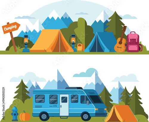 Flat vector camping scene with tents, lanterns, backpack, guitar and RV against mountain landscape, outdoor adventure, family camping and nature getaway