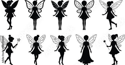 Vector illustration of fairies in silhouette with diverse wings and magical poses, whimsical fantasy characters holding wands, stars, and enchanting designs