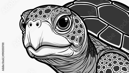 Close up illustration of a turtle head in monochrome against a white backdrop