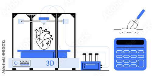 Healthcare technology, biotechnology, research innovation, future medicine, scientific tools, organ printing. 3D printer creating a heart, with lab tools and calculator. Healthcare technology