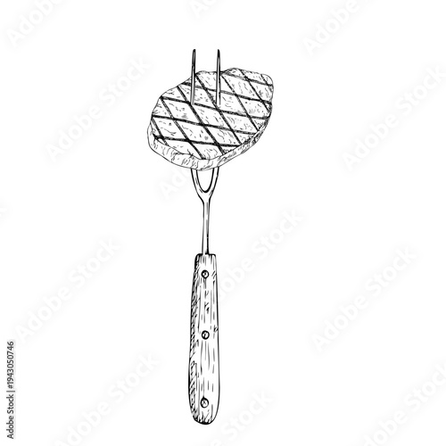 Vector Beef steak on meat fork. Graphic ink kitchen tool illustration for barbecue, isolated on background. Hand drawn line sketch. For designers, prints, logo, icon, menu, postcards, holiday, covers
