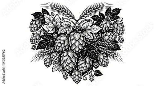 Hops, Barley, and Leaves in Heart Shape, Symbolizing Brewing, Nature, and Craftsmanship, Sketch Engraving Vector Illustration, Generative AI