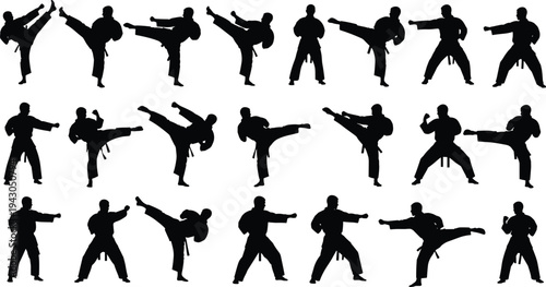 Karate martial arts fighter silhouette set showing multiple kicking and fighting poses isolated on white background for combat sport training concept
