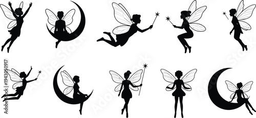 Vector illustration of fairies in silhouette with wings, wands, crescent moons, and magical poses, whimsical fantasy characters in enchanting design