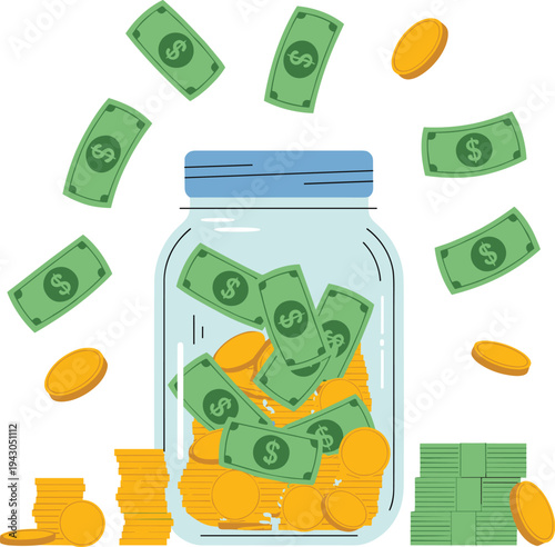 Glass jar overflowing with cash and gold coins, savings growth concept for budgeting and investing, financial security, money management illustration