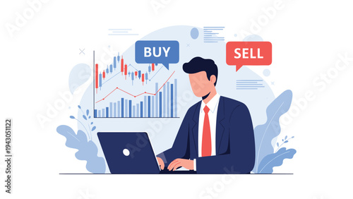 Professional businessman in a suit working on a laptop with stock market candlestick charts and buy sell buttons for financial investment strategy.