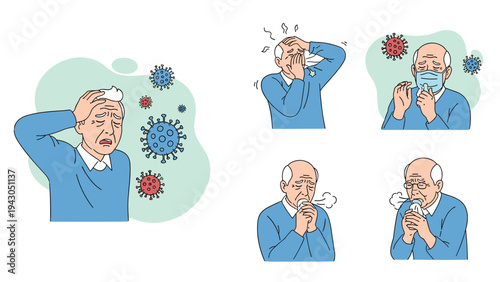 Elderly man suffering from symptoms of flu and coronavirus including fever, coughing, headache, and wearing a medical mask for protection.