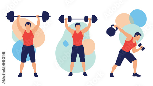 Athletic men performing weightlifting exercises with barbells, kettlebells, and dumbbells against a colorful abstract background of circles.