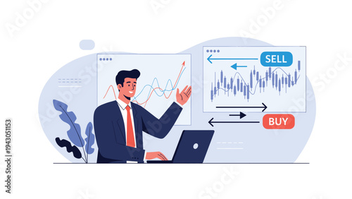 Professional financial advisor explaining stock market growth and candlestick charts on a dashboard for effective investment and trading strategy.