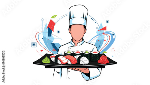 Professional sushi chef in a white uniform and hat presenting a large platter of diverse sushi rolls, nigiri, ginger, and wasabi to customers.