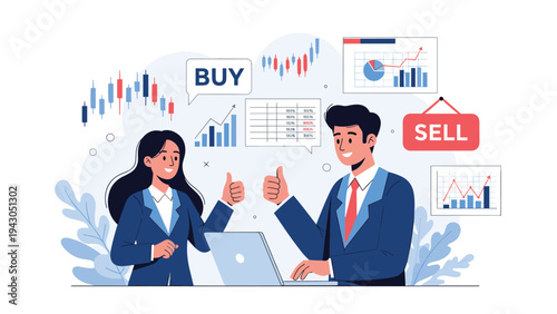 Business professionals analyzing financial charts on laptop with thumbs up gesture while trading stocks in bull market.