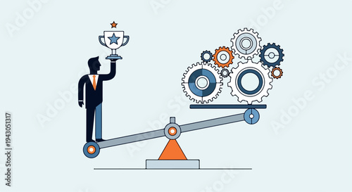Businessman holding trophy balancing gears on a seesaw, vector illustration