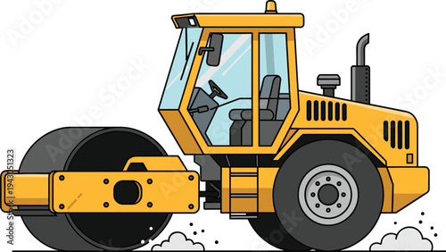 Yellow road roller compactor construction vehicle vector illustration isolated on white background heavy machinery for asphalt paving roadwork equipment cartoon style