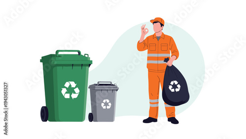Sanitation worker in high visibility orange uniform giving an ok sign while standing next to green and gray recycling bins.