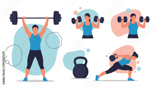 Fitness enthusiasts performing different weightlifting exercises including barbell press and kettlebell lunges for healthy lifestyle.