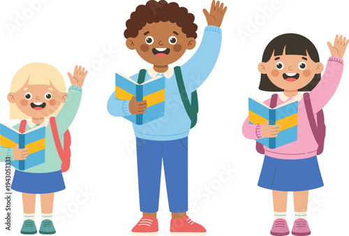 Happy diverse schoolchildren waving while holding textbooks, smiling students with backpacks reading together, elementary kids learning in classroom teamwork and study concept illustration