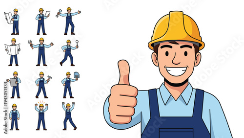Male construction worker in blue overalls and yellow hard hat giving a thumbs up alongside several full body action poses.
