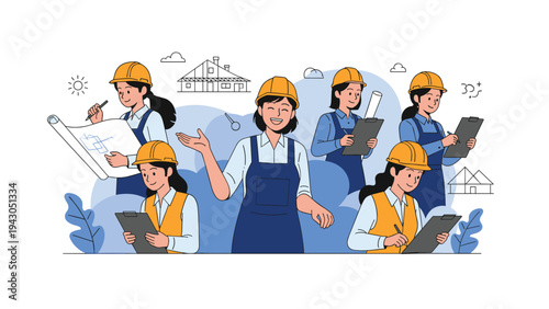 Diverse group of female construction workers and engineers in yellow hard hats working with blueprints and clipboards at site.