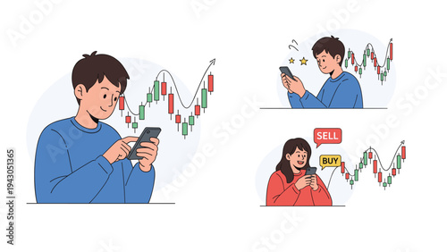 Young investors using mobile apps on smartphones to monitor stock market trends and trade assets with buy and sell signals.