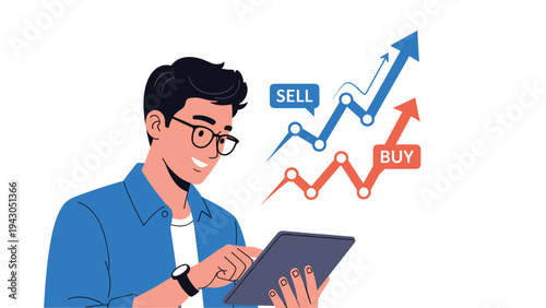 Successful young investor monitoring a rising stock market trend on a tablet device with buy and sell indicators for profit.