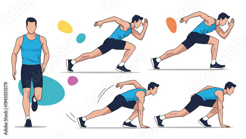 Male athlete demonstrating various stages of a sprinting start and running technique for sports training and performance.