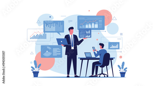 Corporate businessman presenting complex financial data and analytics on multiple digital screens for strategic decision making.