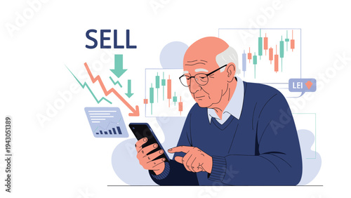 Senior investor feeling anxious while observing a downward trend in stock market charts on his mobile phone screen.